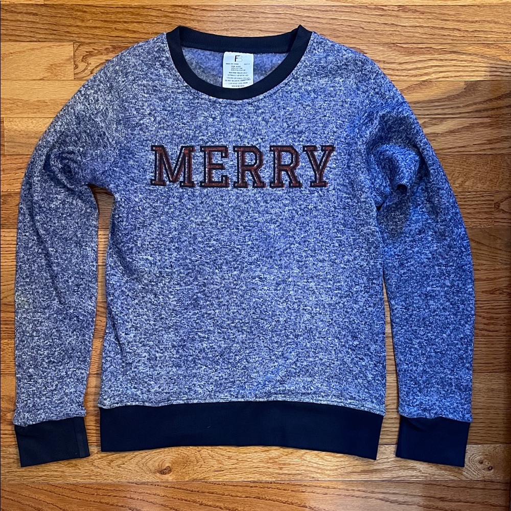 'MERRY' Sublimation Heather Blue Crew Neck Ribbed Hem Sweatshirt Sz Small